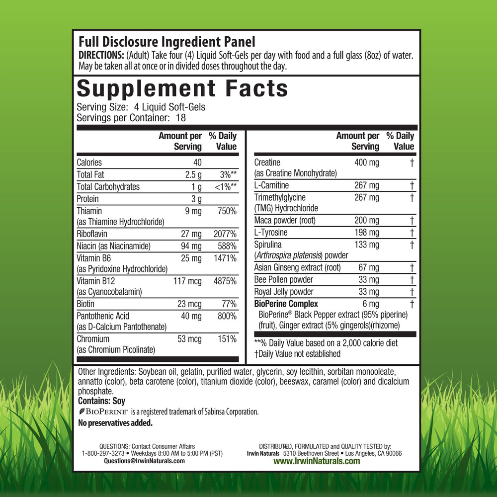 Irwin Naturals Triple Boost softgels closeup showing steady energy potential.