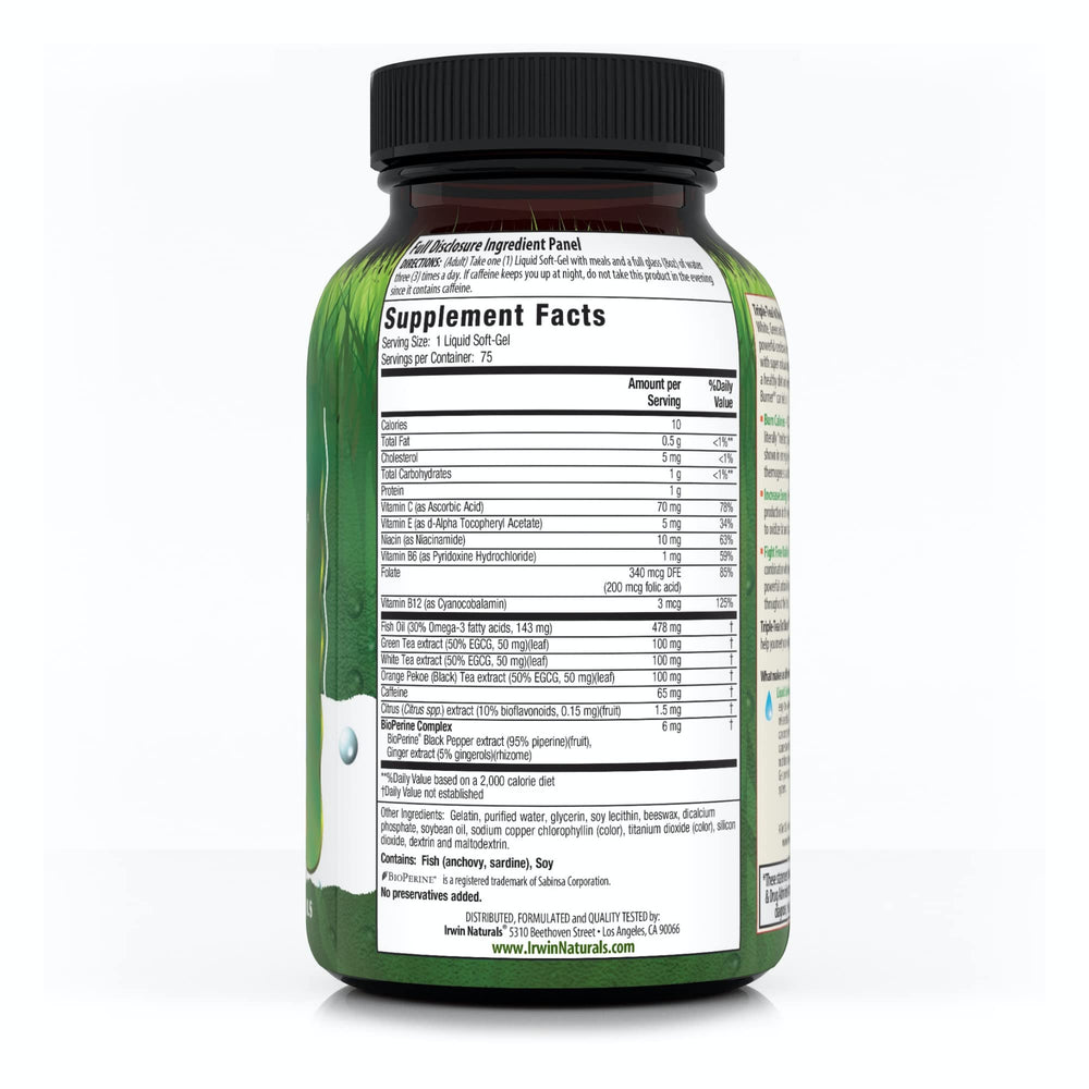 Irwin Naturals Triple Tea Fat Burner capsules close-up showing easy to swallow form.