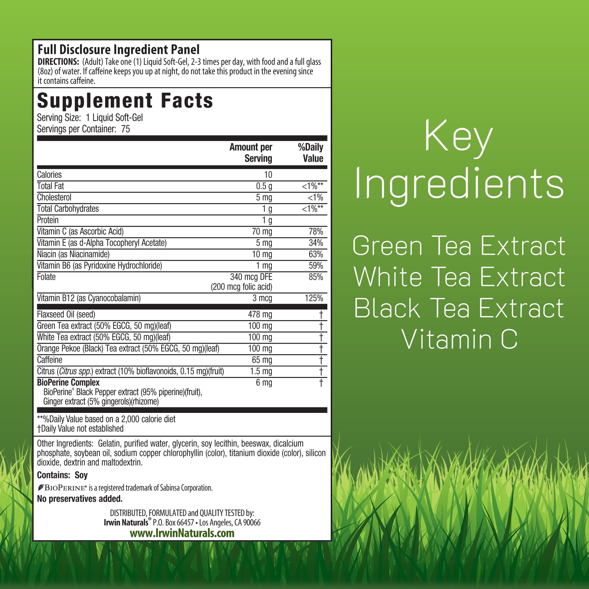 Irwin Naturals Triple-Tea fat burner label showing ingredients and dosage for informed use