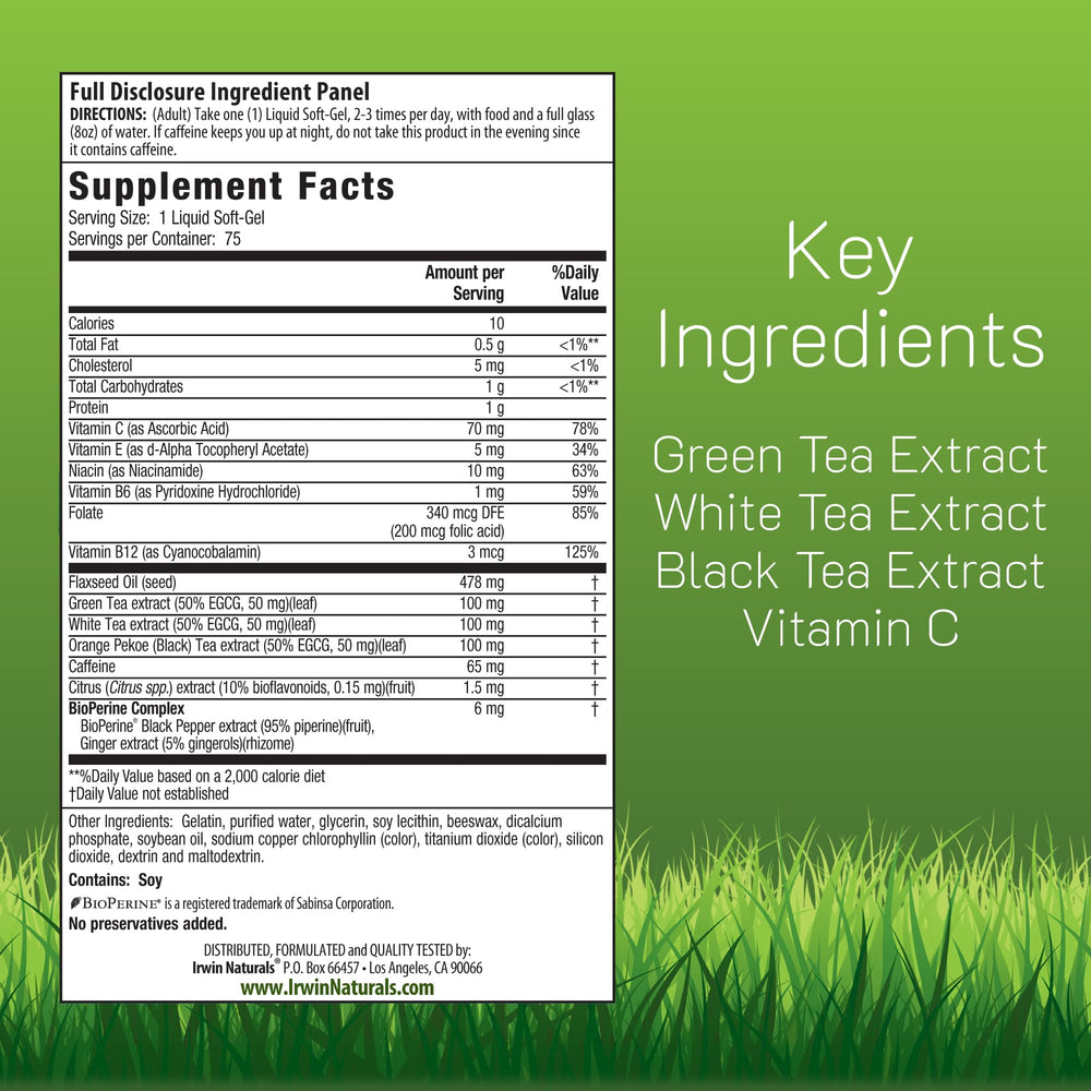 Irwin Naturals Triple-Tea fat burner label showing ingredients and dosage for informed use