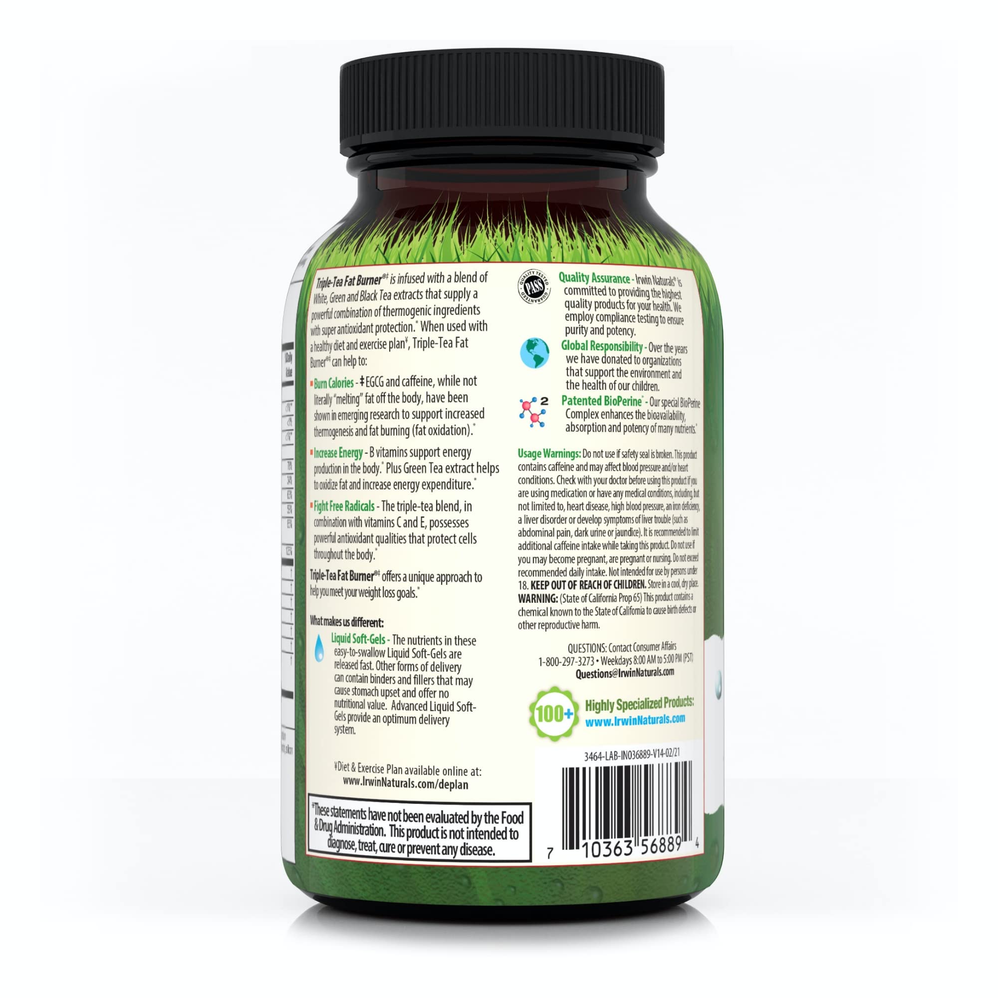 Irwin Naturals fat burner packaging highlighting triple tea blend and bottle design.