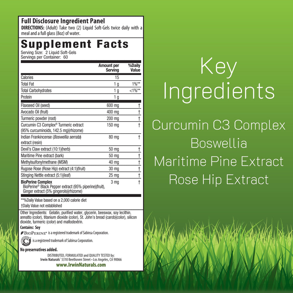 Irwin Naturals Turmeric+ liquid softgels closeup for easy daily wellness.