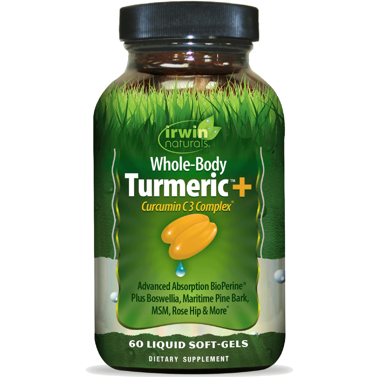 Irwin Naturals Whole-Body Turmeric+ bottle highlights antioxidant support and ease of daily use.