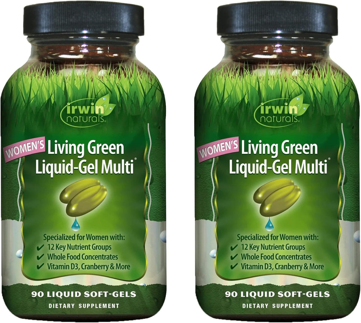 Irwin Naturals Women's Living Green Liquid-Gel Multi bottle front showing easy-to-swallow format