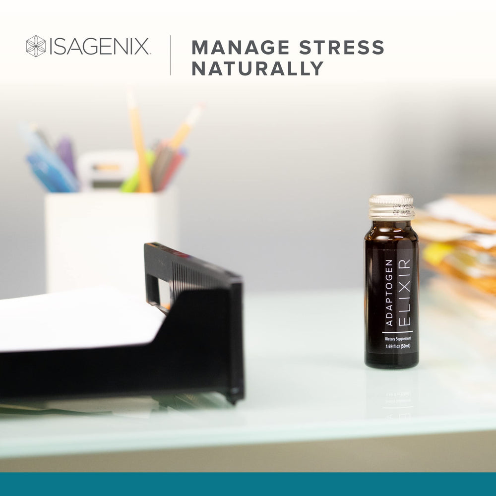 Isagenix packaging and 1.59 oz bottle on a shelf.