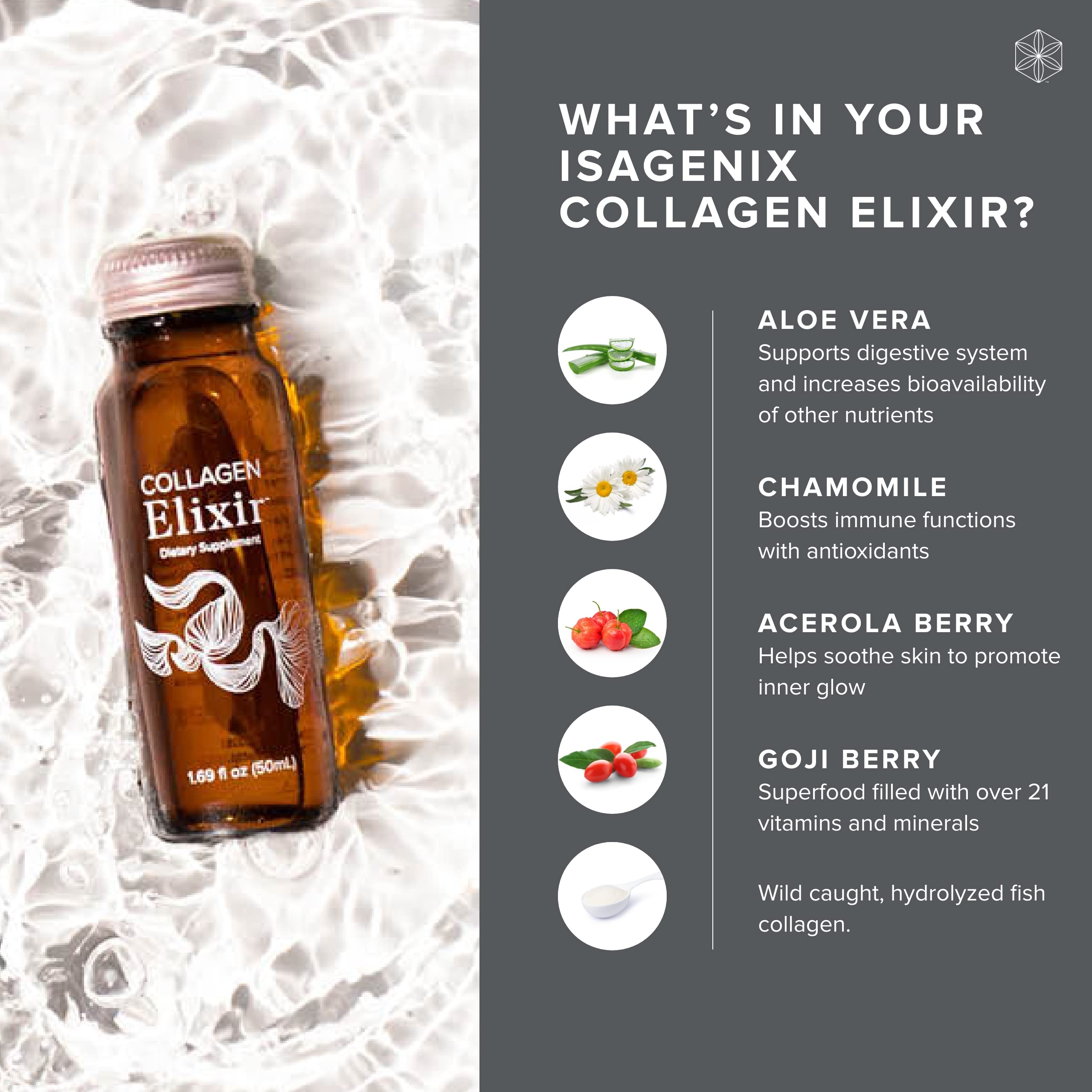 Isagenix Collagen Elixir bottle close-up emphasizes marine peptides and purity for skin vitality.