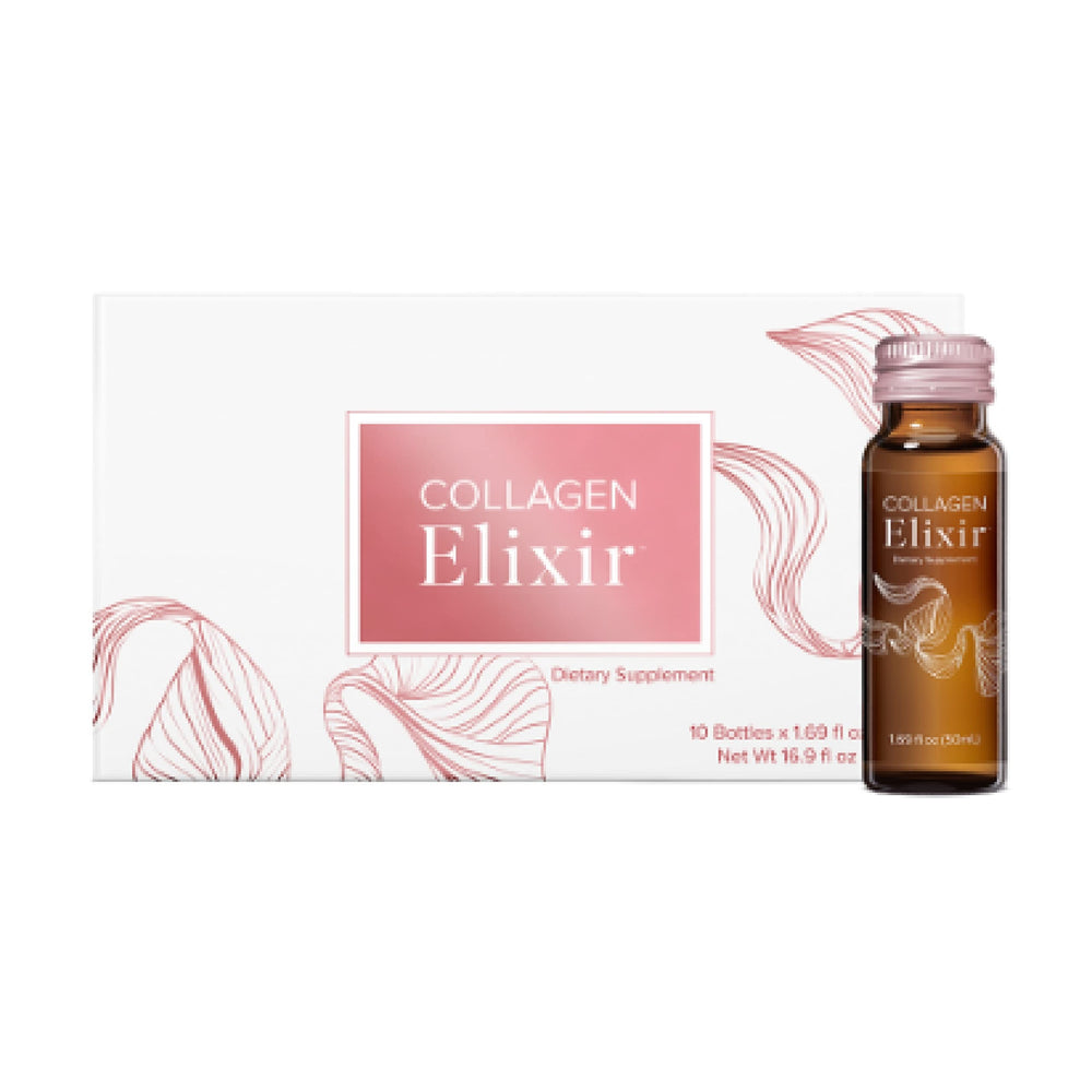 Isagenix Collagen Elixir bottle highlights a 50 ml serving for daily skin support.