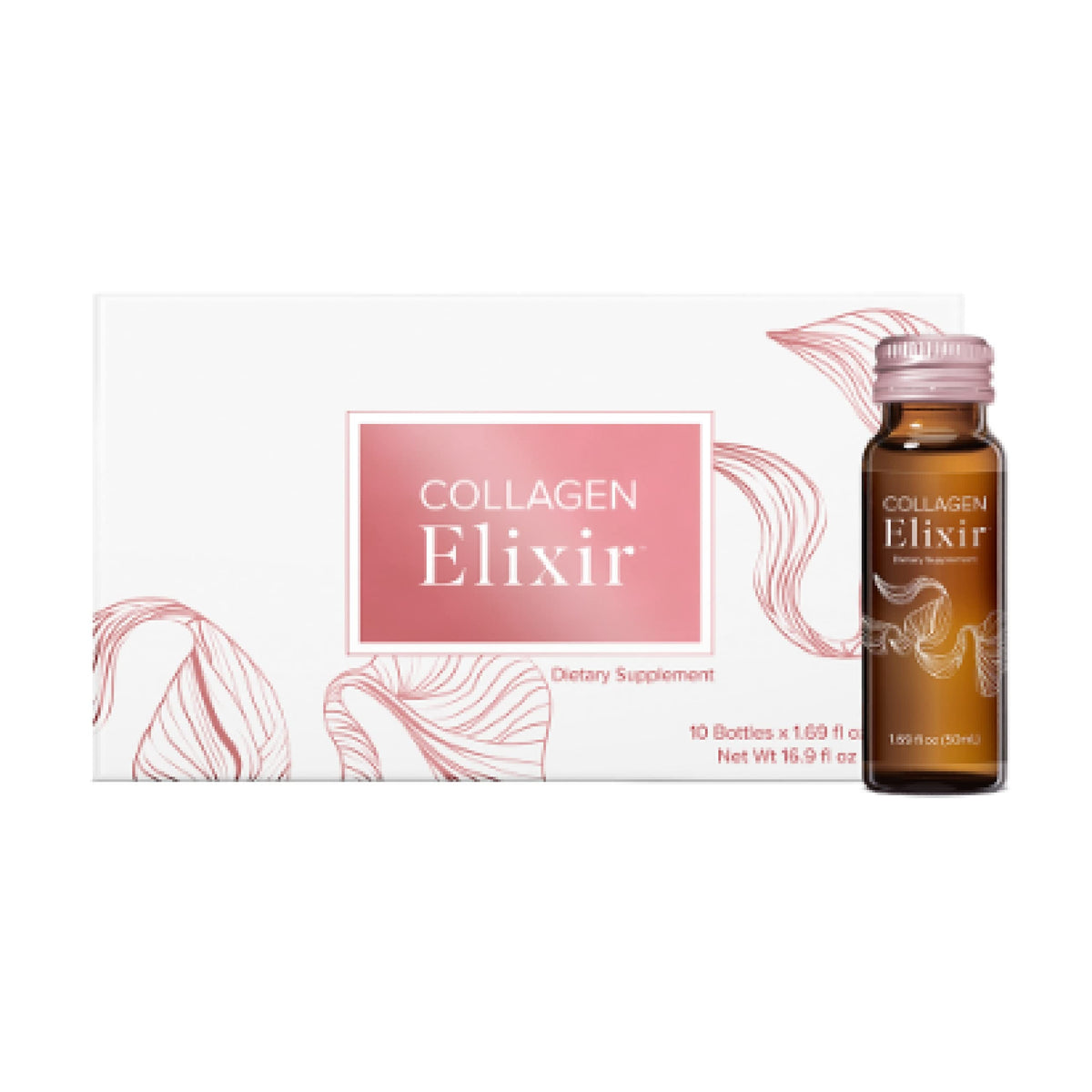 Isagenix Collagen Elixir bottle highlights a 50 ml serving for daily skin support.