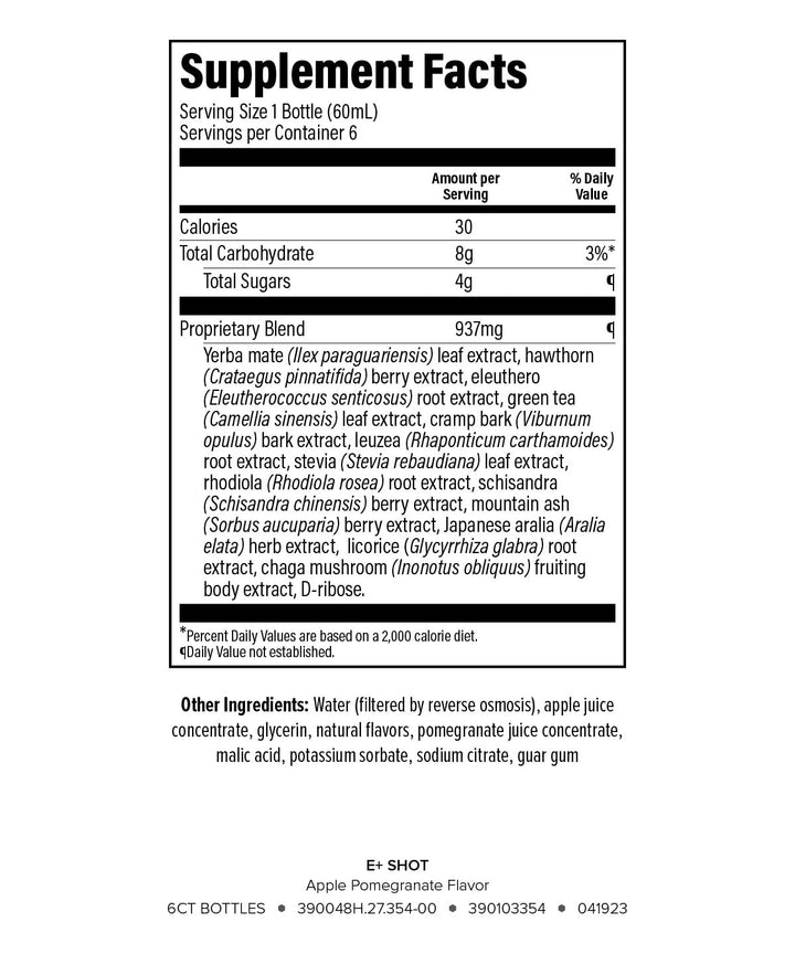 Isagenix E+ Shot, etiqueta natural; energía limpia sin colorantes artificiales.