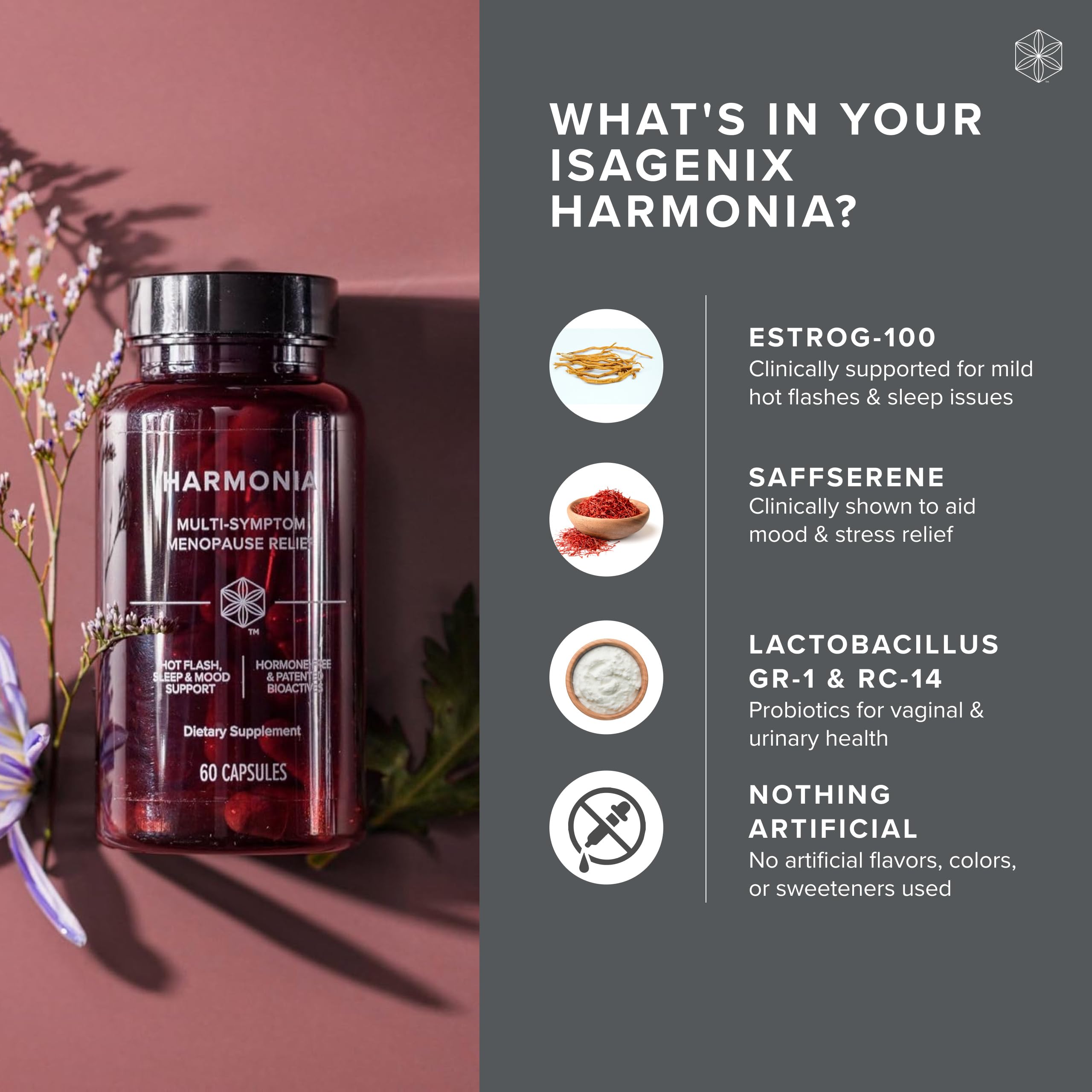 Isagenix Harmonia bottle with glass, symbolizing easy nightly routine.