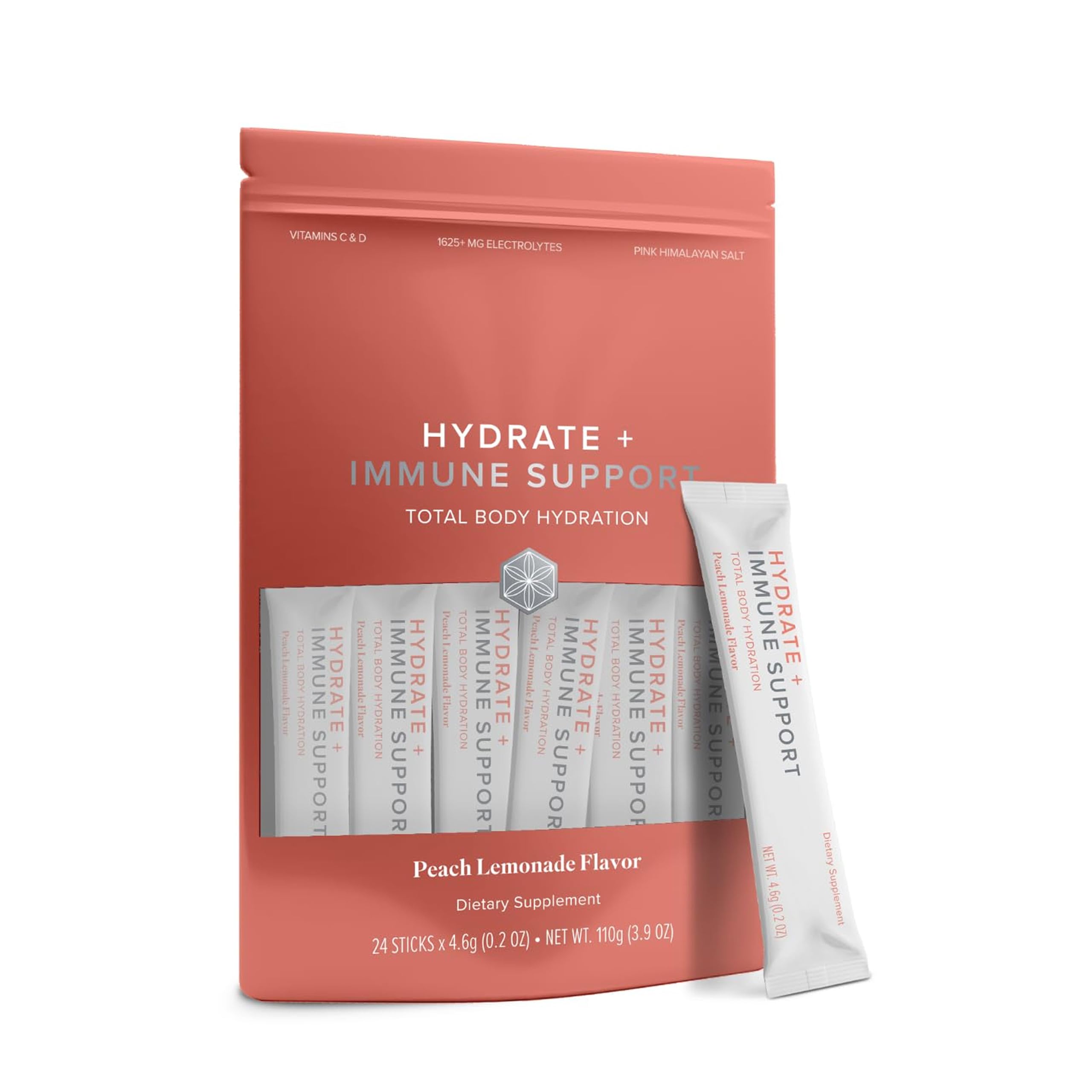 Isagenix Hydrate + Immune peach lemonade stick pack for on-the-go hydration.