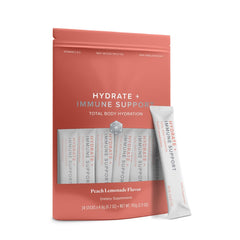 Isagenix Hydrate + Immune peach lemonade stick pack for on-the-go hydration.
