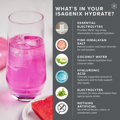 Isagenix Hydrate Watermelon glass showing pink hydration after mixing.