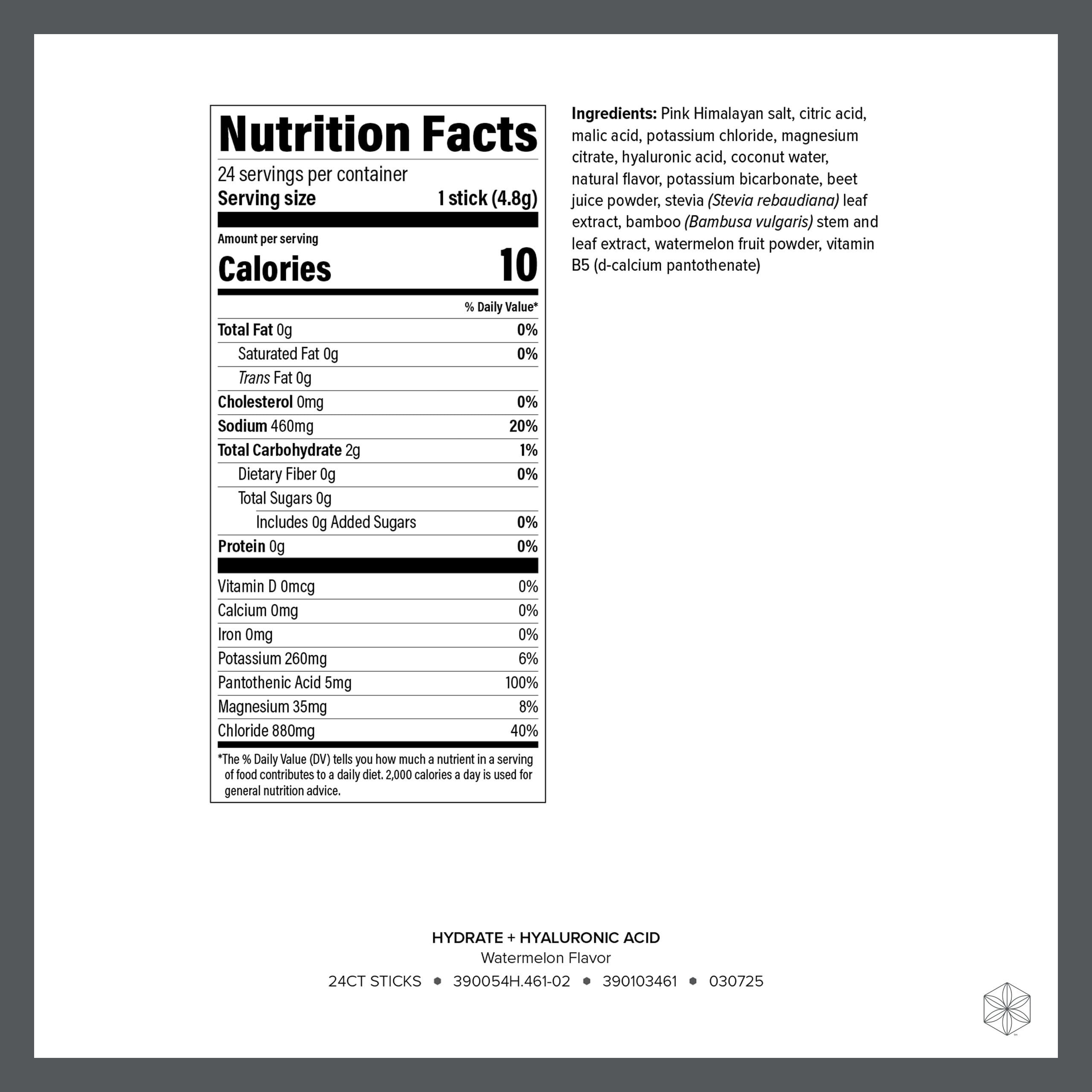Isagenix Hydrate Watermelon stick back with usage notes for portability.