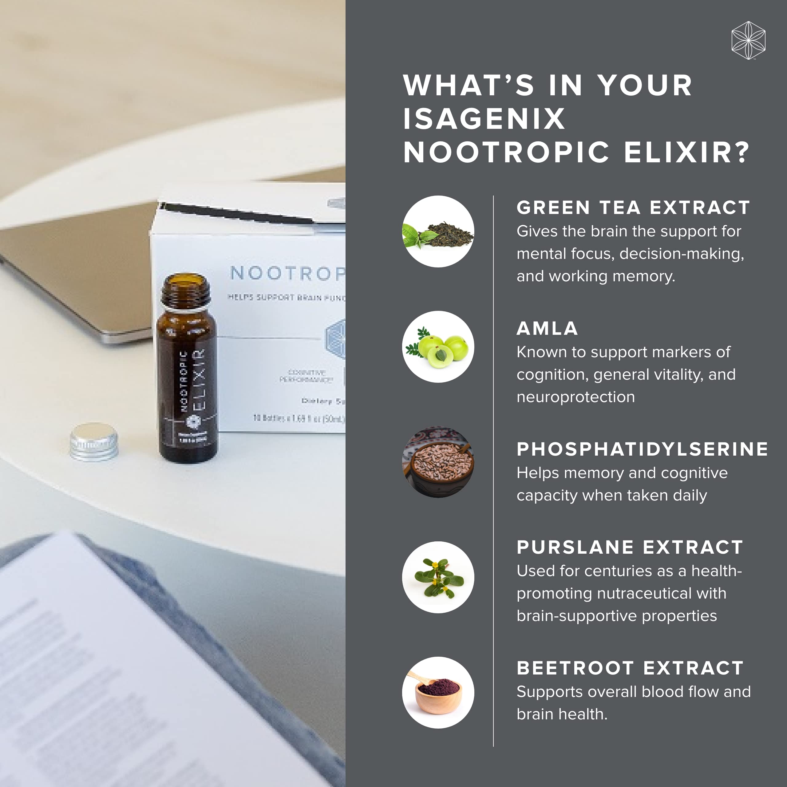 Isagenix Nootropic Elixir in a glass ready for mental clarity
