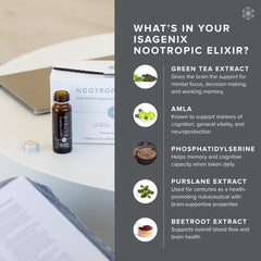 Isagenix Nootropic Elixir in a glass ready for mental clarity
