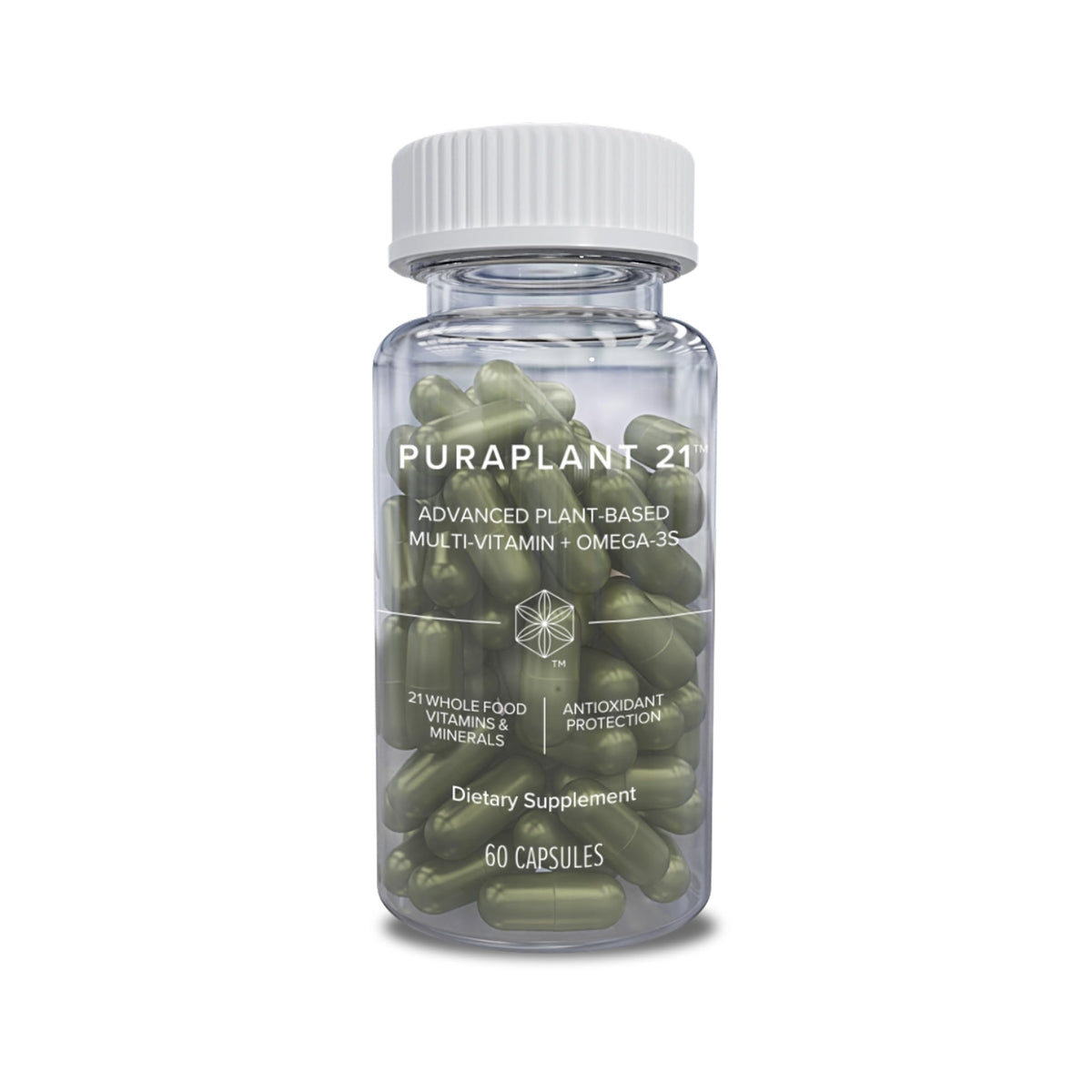 Isagenix PuraPlant21 bottle on a kitchen counter for daily plant-based nutrition.