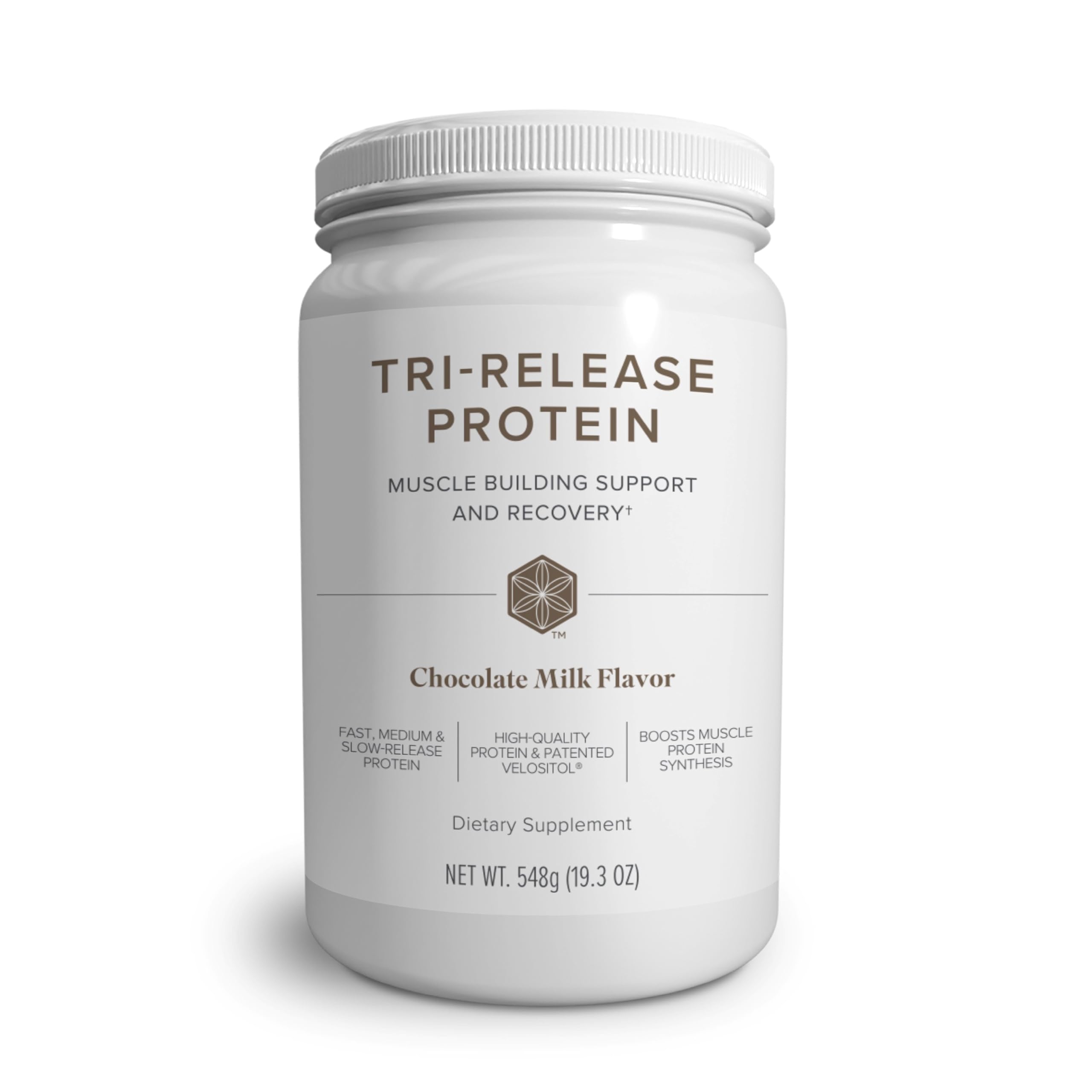 Isagenix Tri-Release Protein canister in chocolate milk flavor, non-GMO and gluten-free.