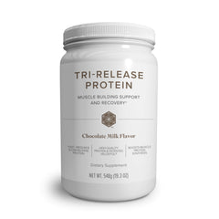 Isagenix Tri-Release Protein canister in chocolate milk flavor, non-GMO and gluten-free.