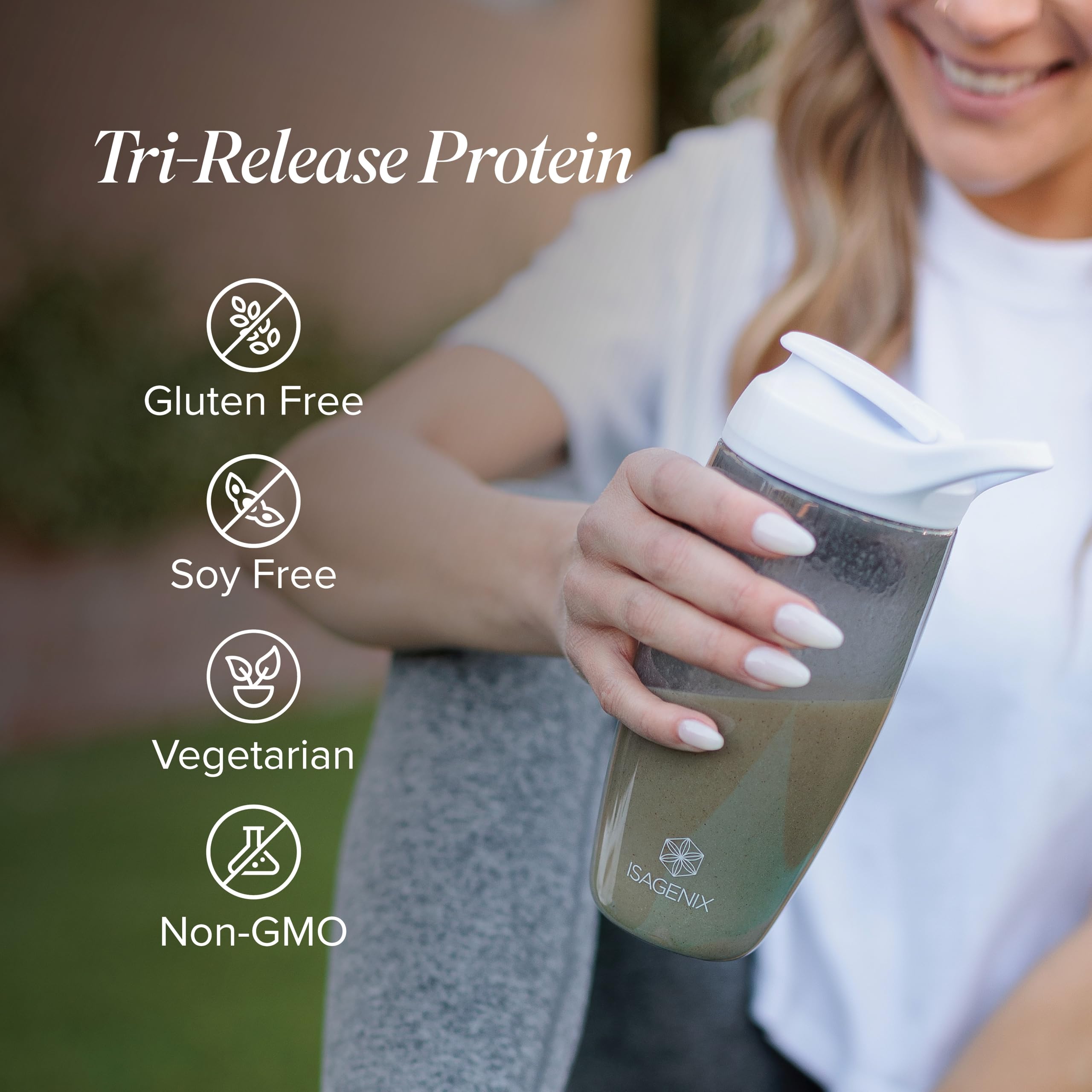 Isagenix Tri-Release Protein bottle closeup emphasizes high-quality blend for post-workout support.