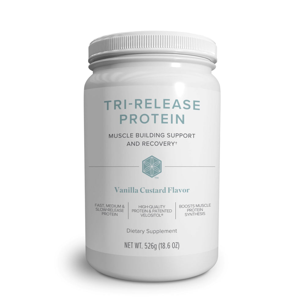 Isagenix Tri-Release Protein canister with vanilla custard label supports sustained recovery after workouts.