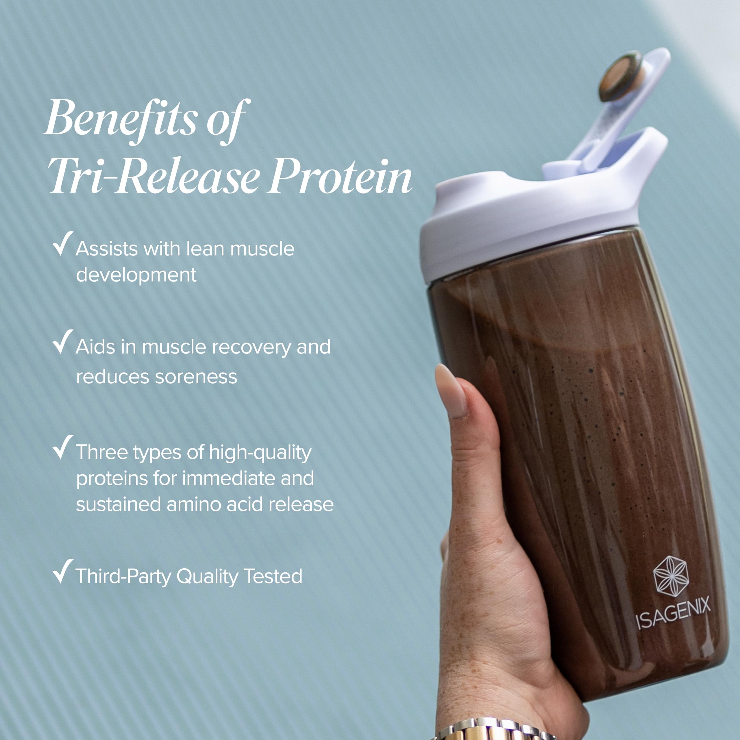 Isagenix Tri-Release Protein ingredients panel highlights clean, non-GMO formula.