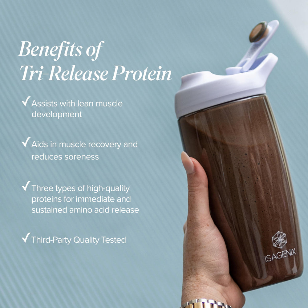 Isagenix Tri-Release Protein ingredients panel highlights clean, non-GMO formula.