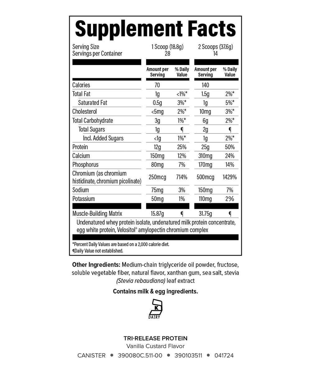 Isagenix Tri-Release Protein pour bottle demonstrates three-stage release for steady amino acids.