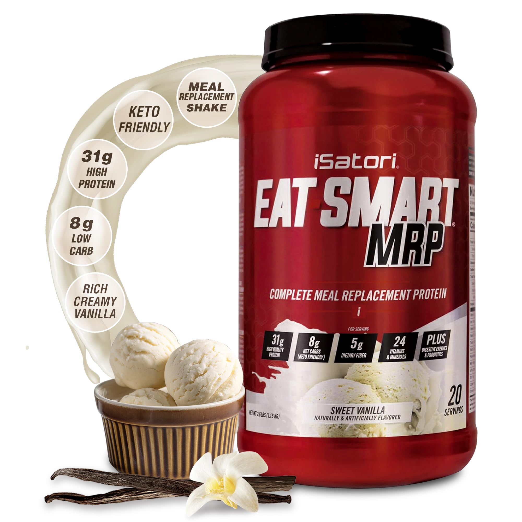 iSatori Eat Smart MRP bottle close-up, protein-packed meal replacement.