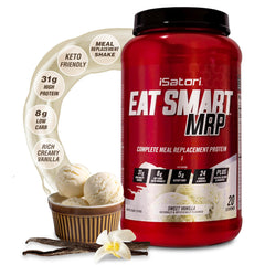 iSatori Eat Smart MRP bottle close-up, protein-packed meal replacement.