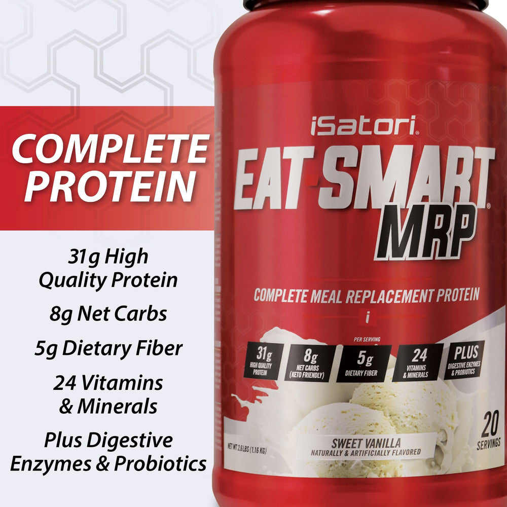 iSatori Eat Smart MRP canister front, highlighting protein sources and vitamins.