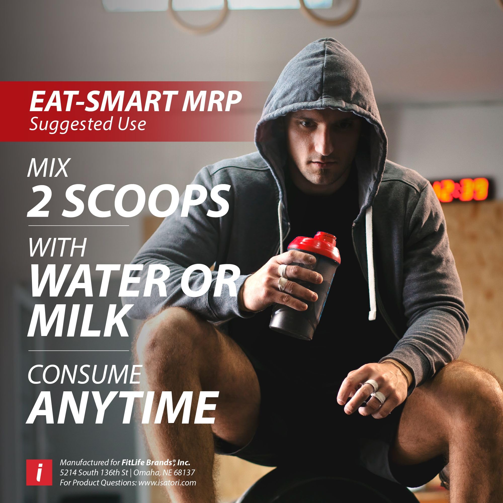 iSatori Eat Smart MRP vanilla shake poured, emphasizing keto-friendly, gluten-free profile.