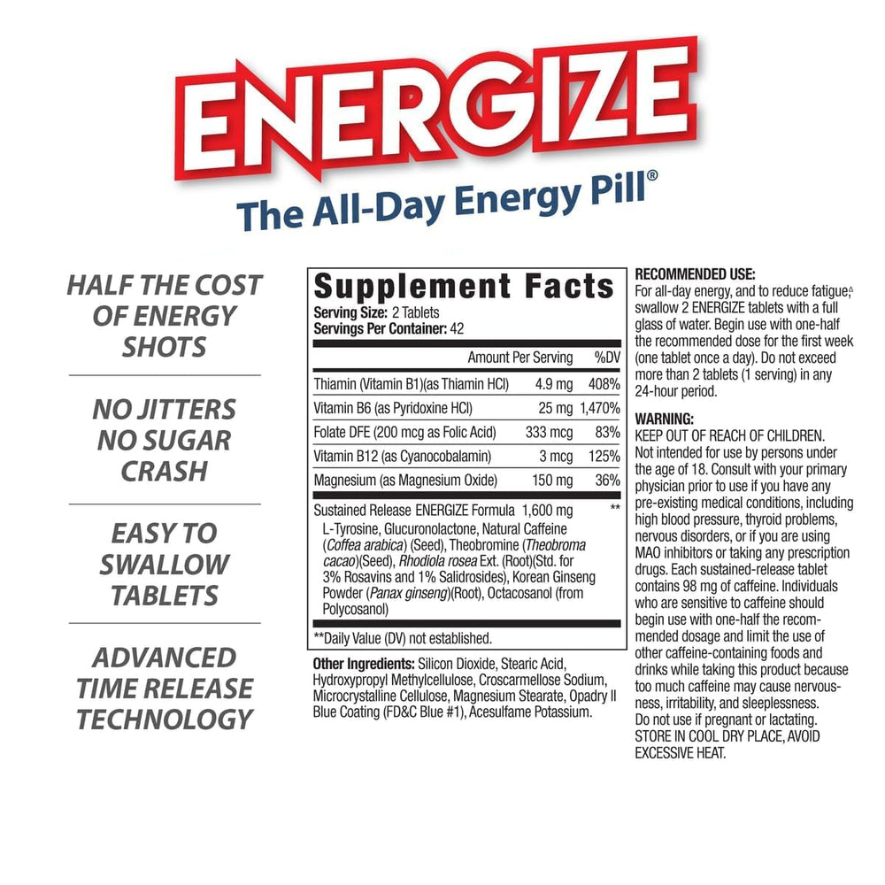Isatori Energize tablets close-up showing time-release caffeine for steady energy