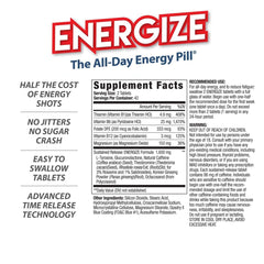 Isatori Energize tablets close-up showing time-release caffeine for steady energy