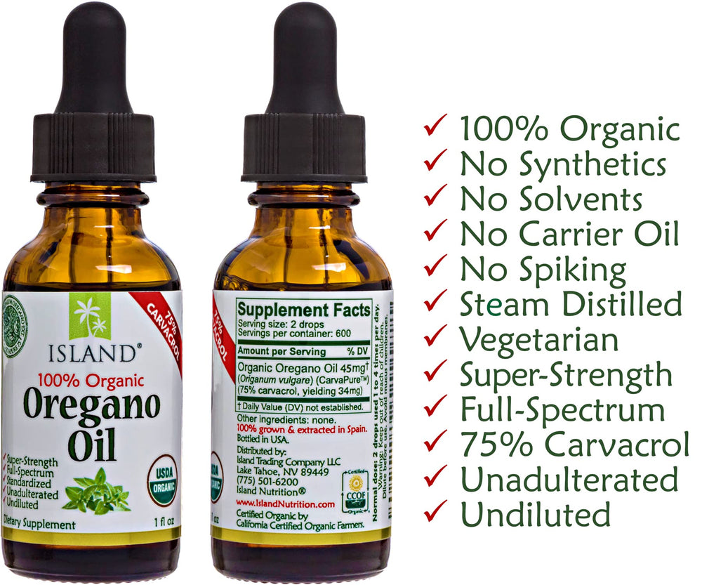 Island Nutrition oregano oil bottle close up showing rich herbal aroma.
