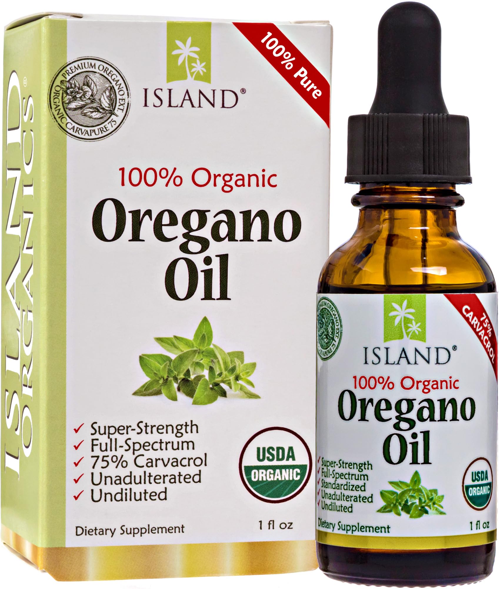 Island Nutrition oregano oil bottle with undiluted oil for versatile immune support.