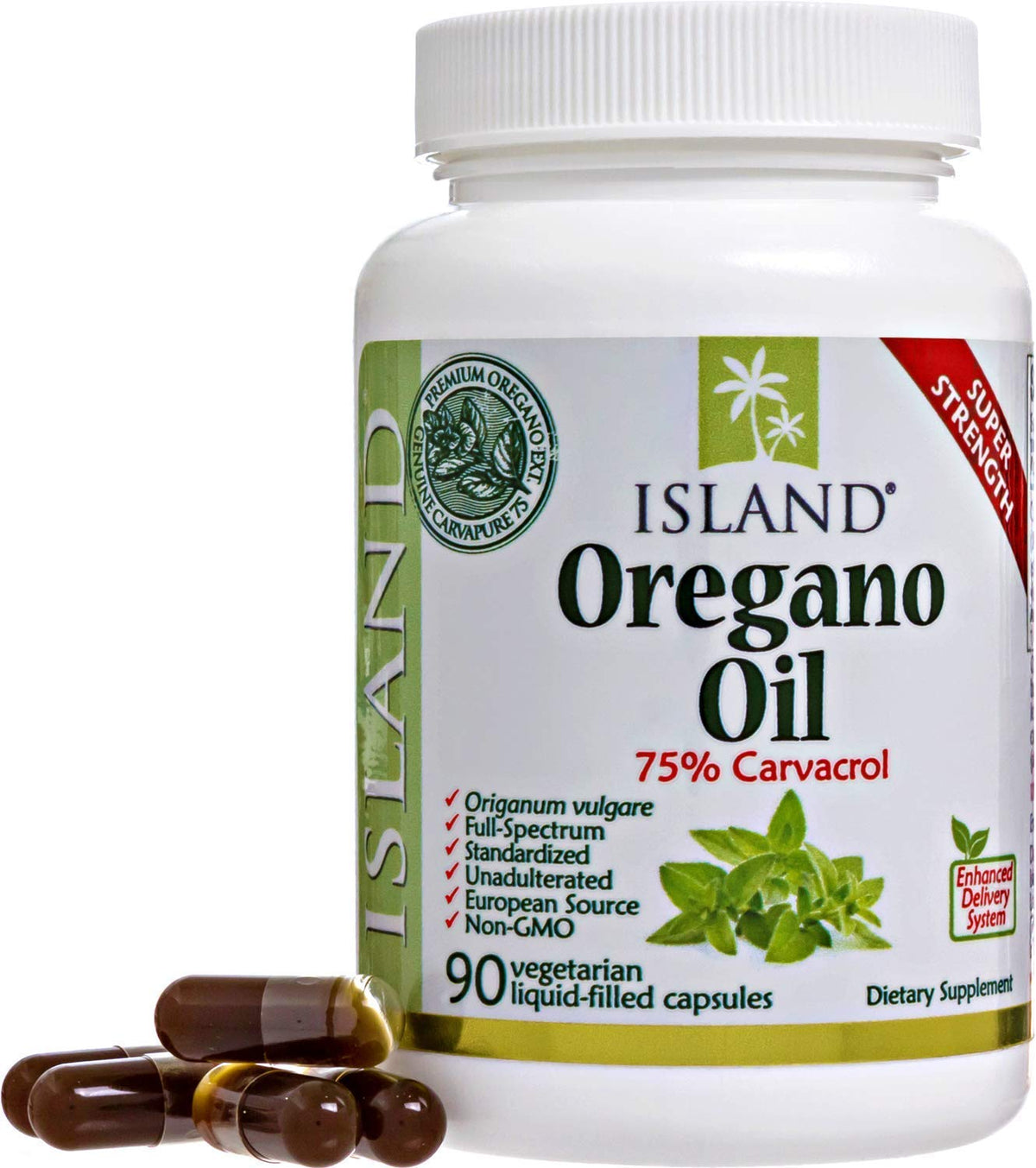 Island Nutrition oregano oil capsules bottle label highlighting organic ingredients for daily wellness