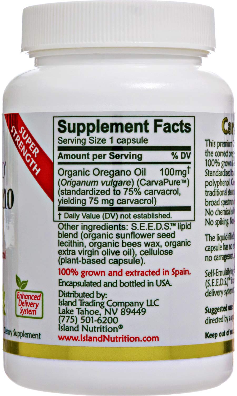 Island Nutrition oregano oil capsules packaging emphasizing enhanced delivery emulsified formula