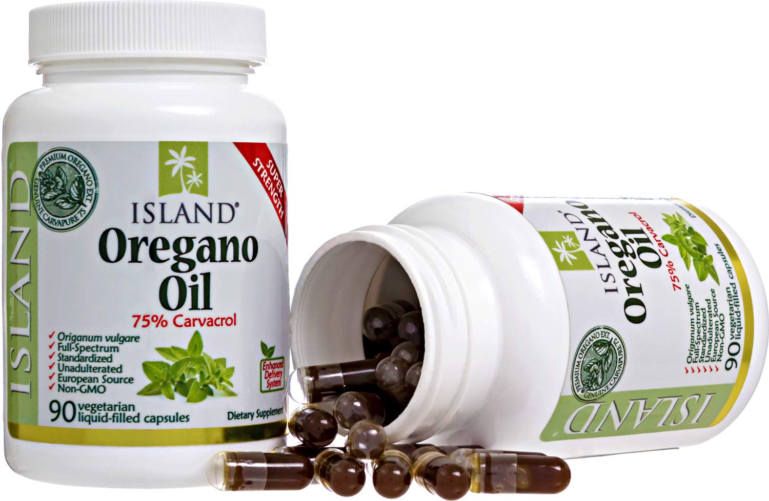 Island Nutrition oregano oil capsules close-up of liquid-filled vegetarian capsules