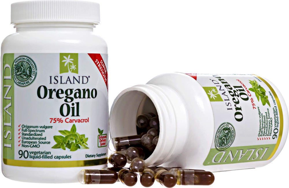 Island Nutrition oregano oil capsules close-up of liquid-filled vegetarian capsules