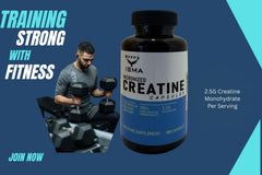 Front view of ISMA Creatine Monohydrate bottle on a gym bench.