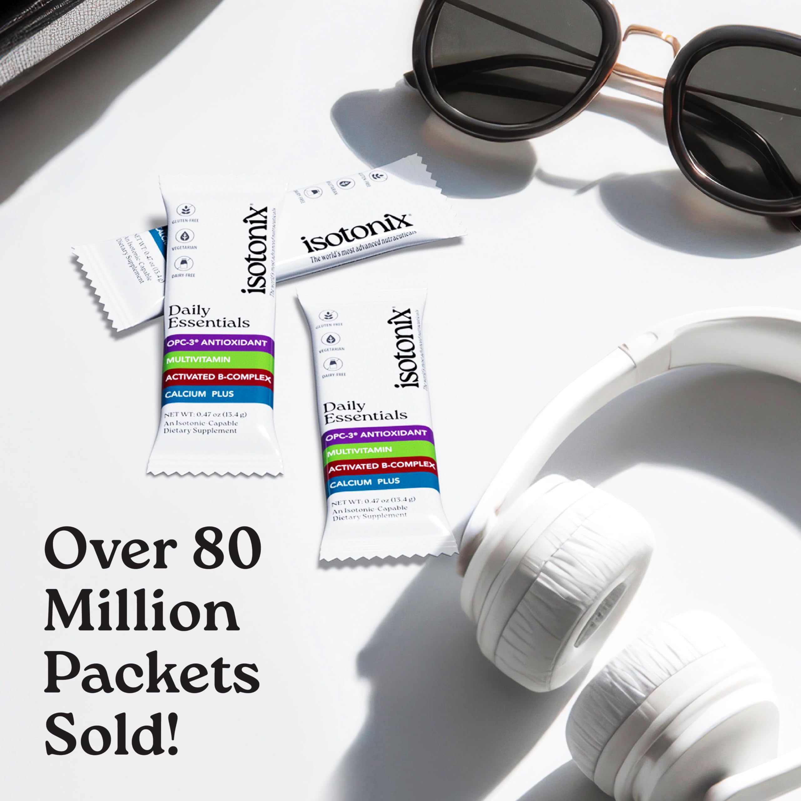 Isotonix Daily Essentials powder packets dissolving in water quickly.