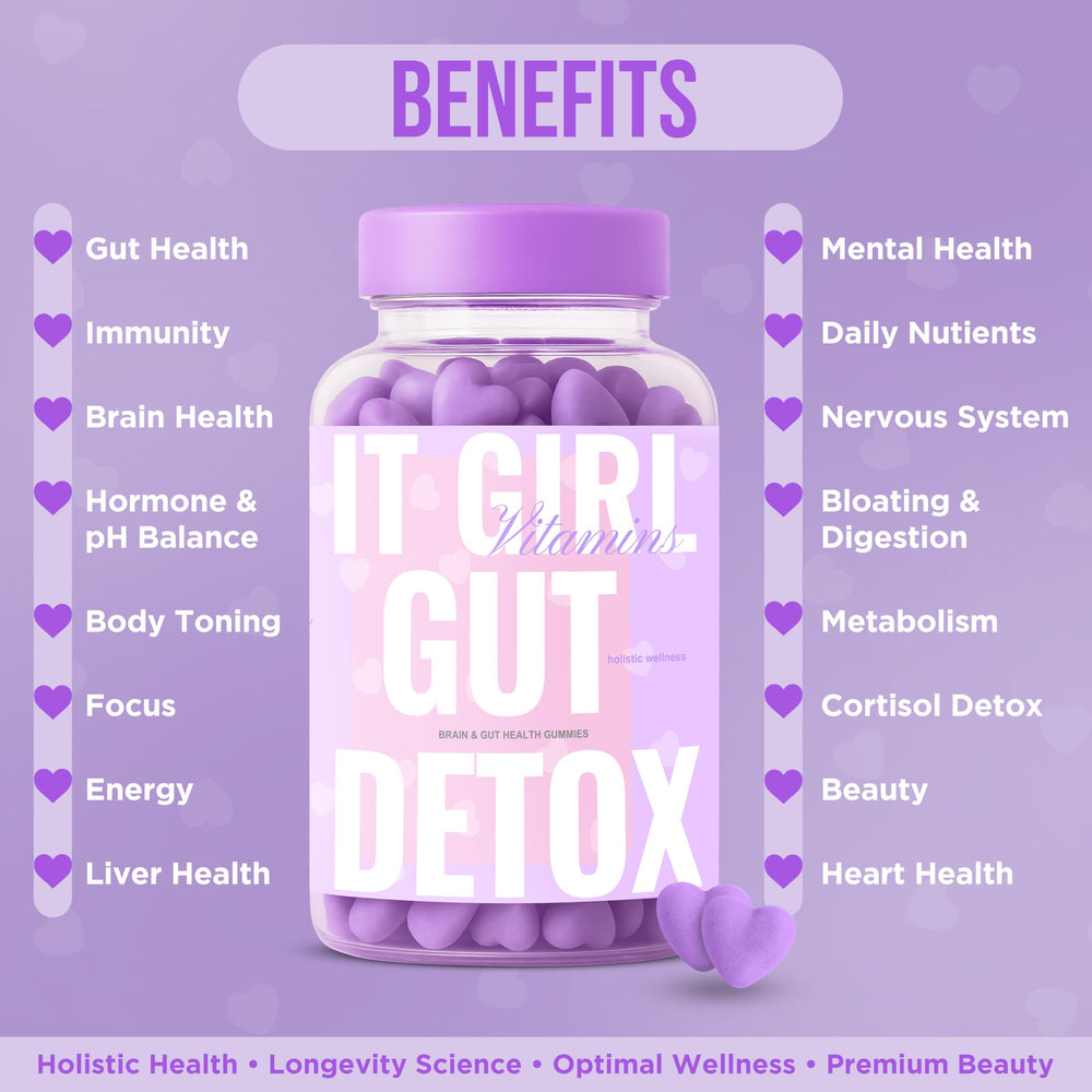 It Girl Detox Gummies packaging mockup shows vegan, gluten-free formula.