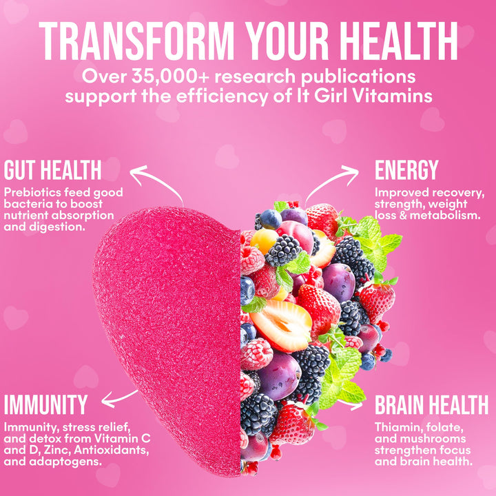 It Girl Vitamins digestive health emphasis with fiber-rich imagery.