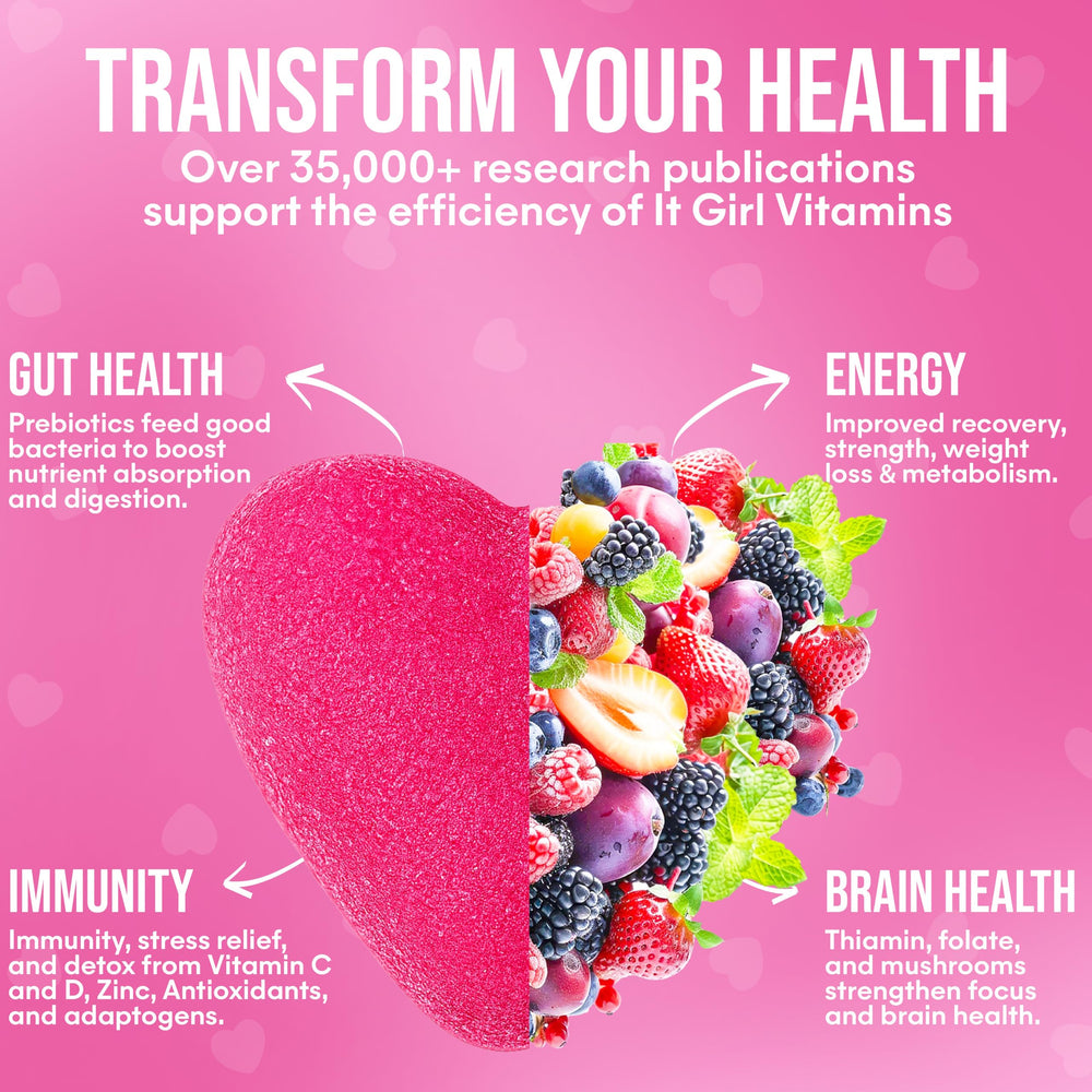 It Girl Vitamins digestive health emphasis with fiber-rich imagery.