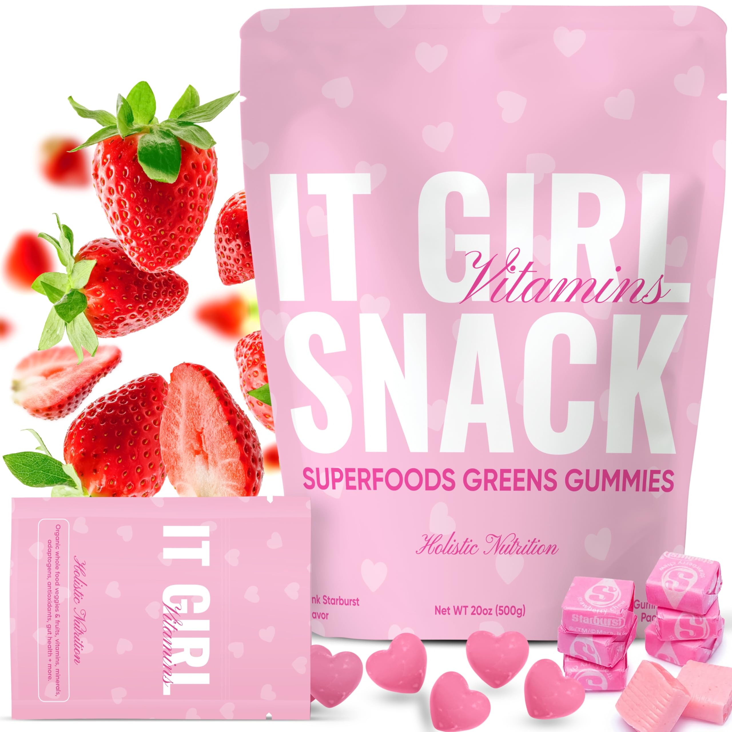 It Girl Vitamins Super Greens Gummies bottle close-up promoting daily wellness.