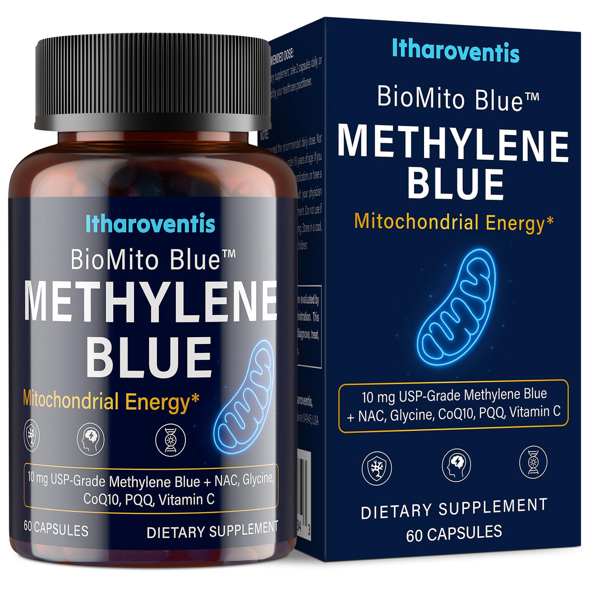 Itharoventis Methylene Blue bottle with capsules for daily cognitive support