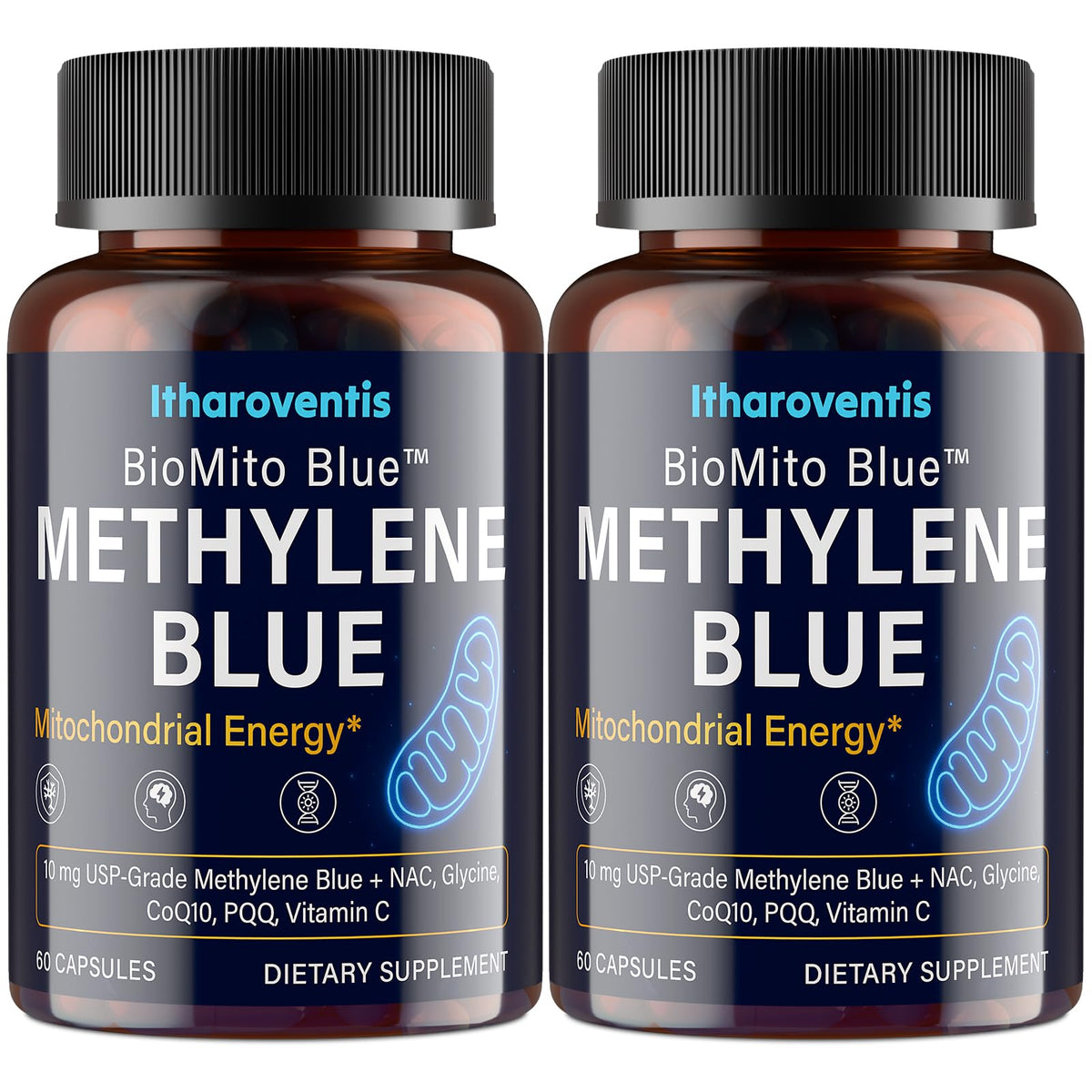 Itharoventis Methylene Blue capsules in bottle for easy daily dosing and cognitive support.