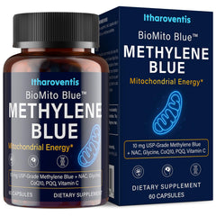 Itharoventis Methylene Blue bottle close-up with a clean formula for daily use