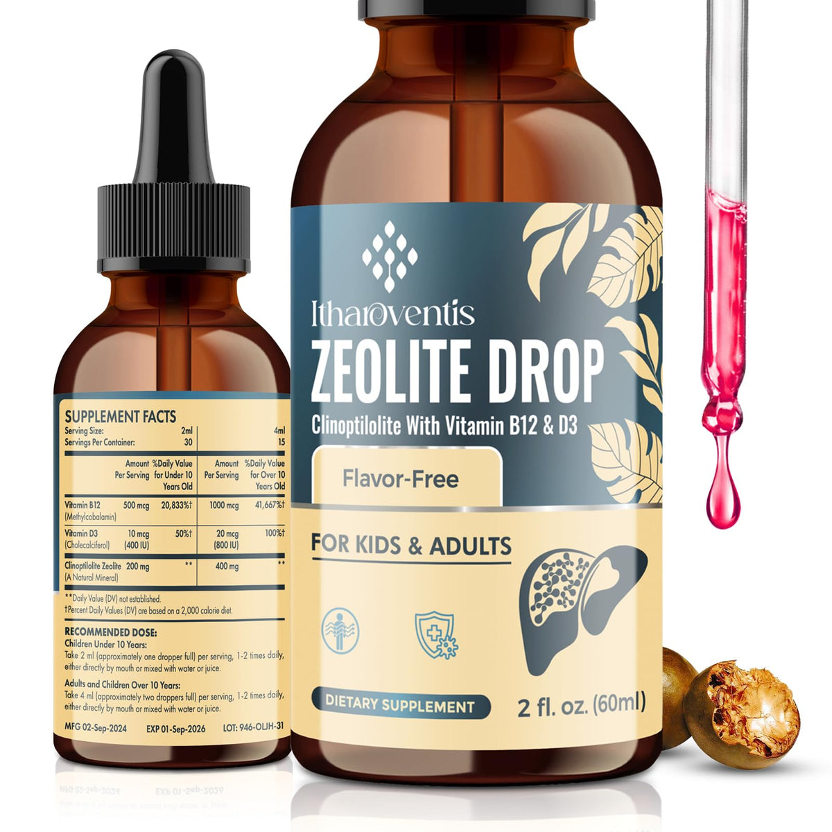 Itharoventis Zeolite Drops for Kids daily bottle pour demonstrates easy dosing for family routines.